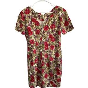 Sante Fe Rose Floral Sweetheart Neck Long Sleeve Fitted Dress S Vintage